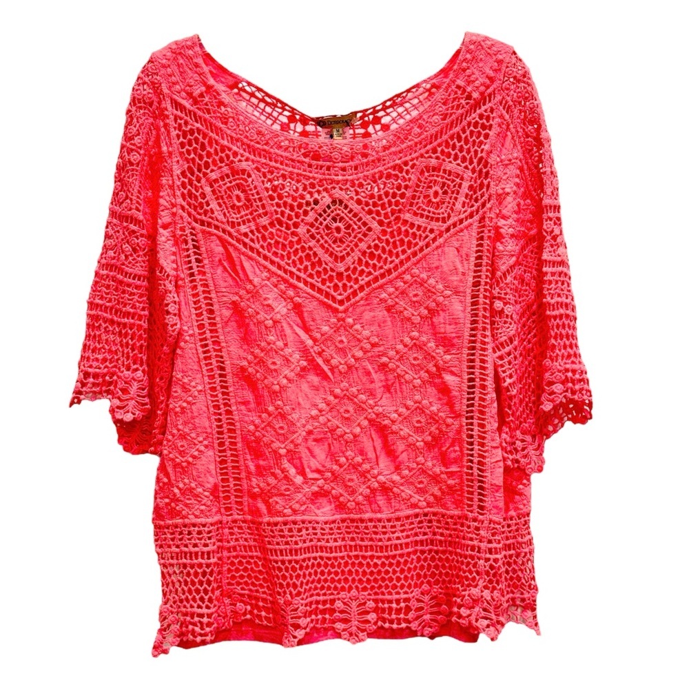 Coral Pullover Top Crochet Trim/Details Scalloped Edges on the Sleeves & Hem